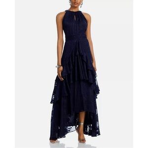 Aqua Chiffon‎ Layered Ruffle Gown Navy Blue 4